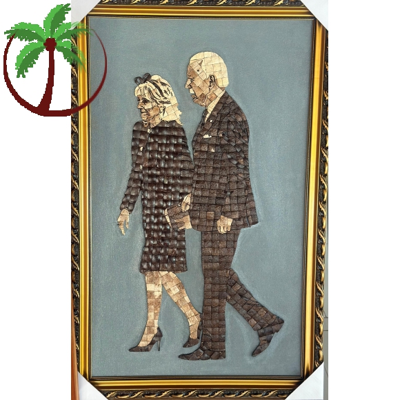 Gạch gáo dừa chế tác tranh  tổng thống Biden và vợ